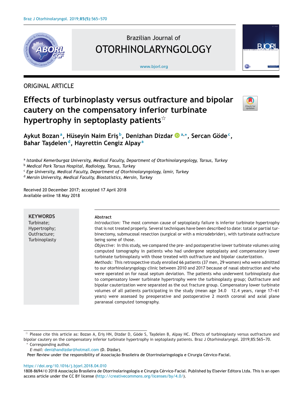 Effects of Turbinoplasty Versus Outfracture and Bipolar Cautery On