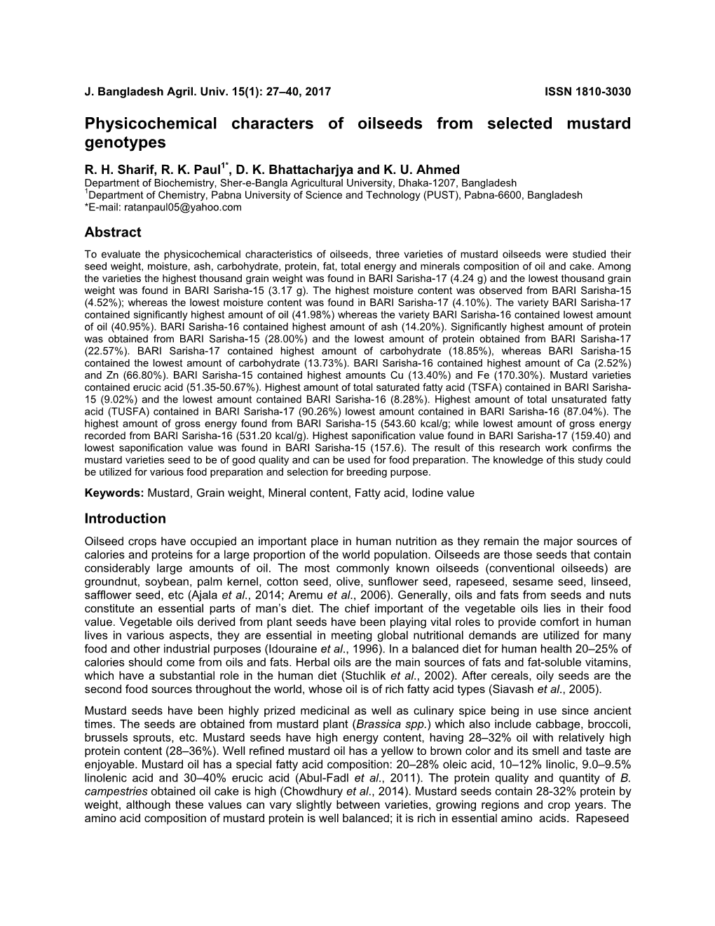 Physicochemical Characters of Oilseeds from Selected Mustard Genotypes