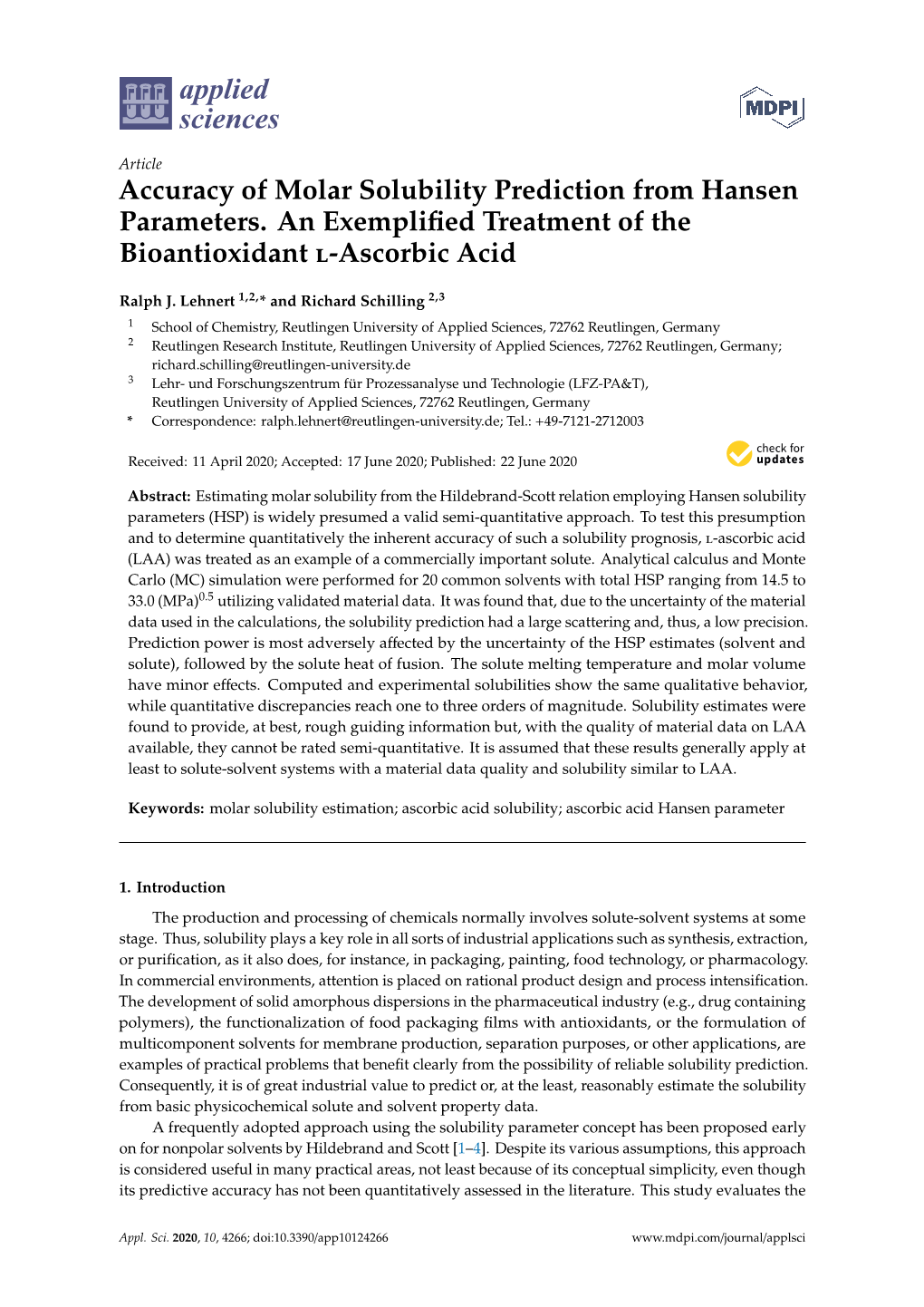 Accuracy of Molar Solubility Prediction from Hansen Parameters. an Exemplified Treatment of the Bioantioxidant L-Ascorbic Acid