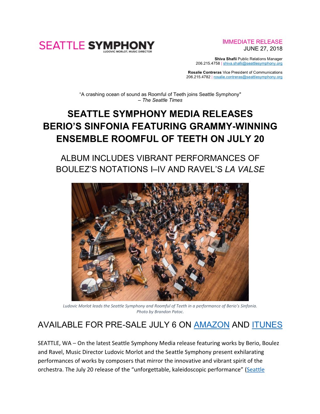 Seattle Symphony Media Releases Berio's Sinfonia