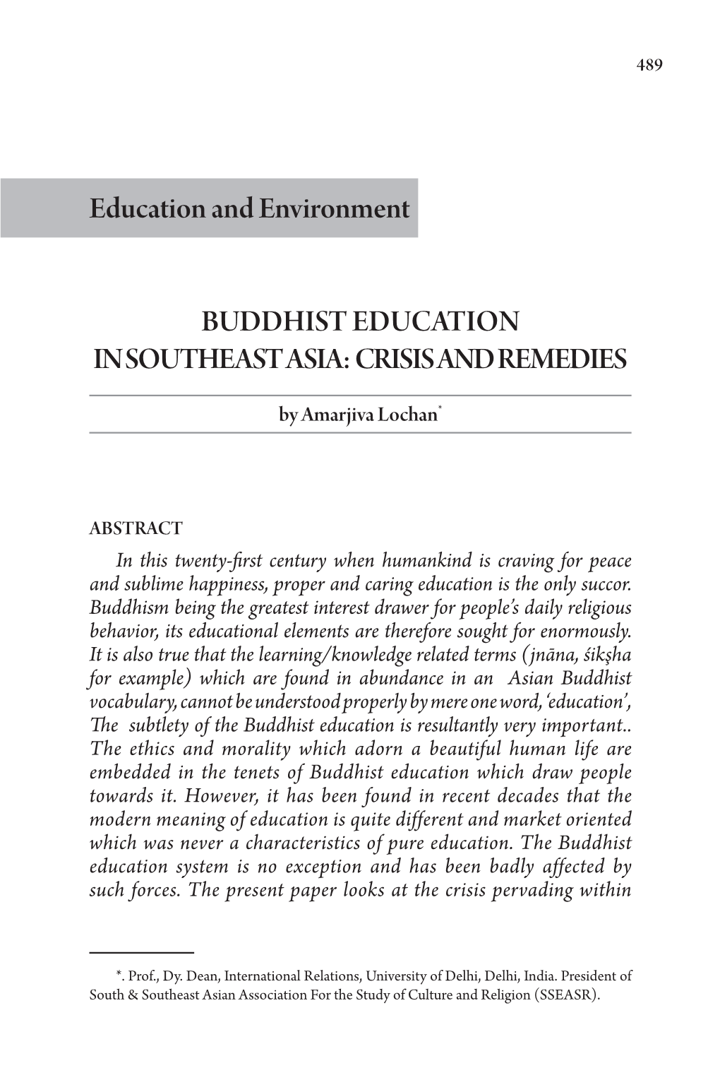 Buddhist Education in Southeast Asia: Crisis and Remedies