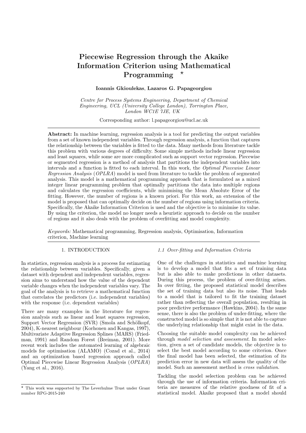 Piecewise Regression Through the Akaike Information Criterion Using Mathematical Programming ?