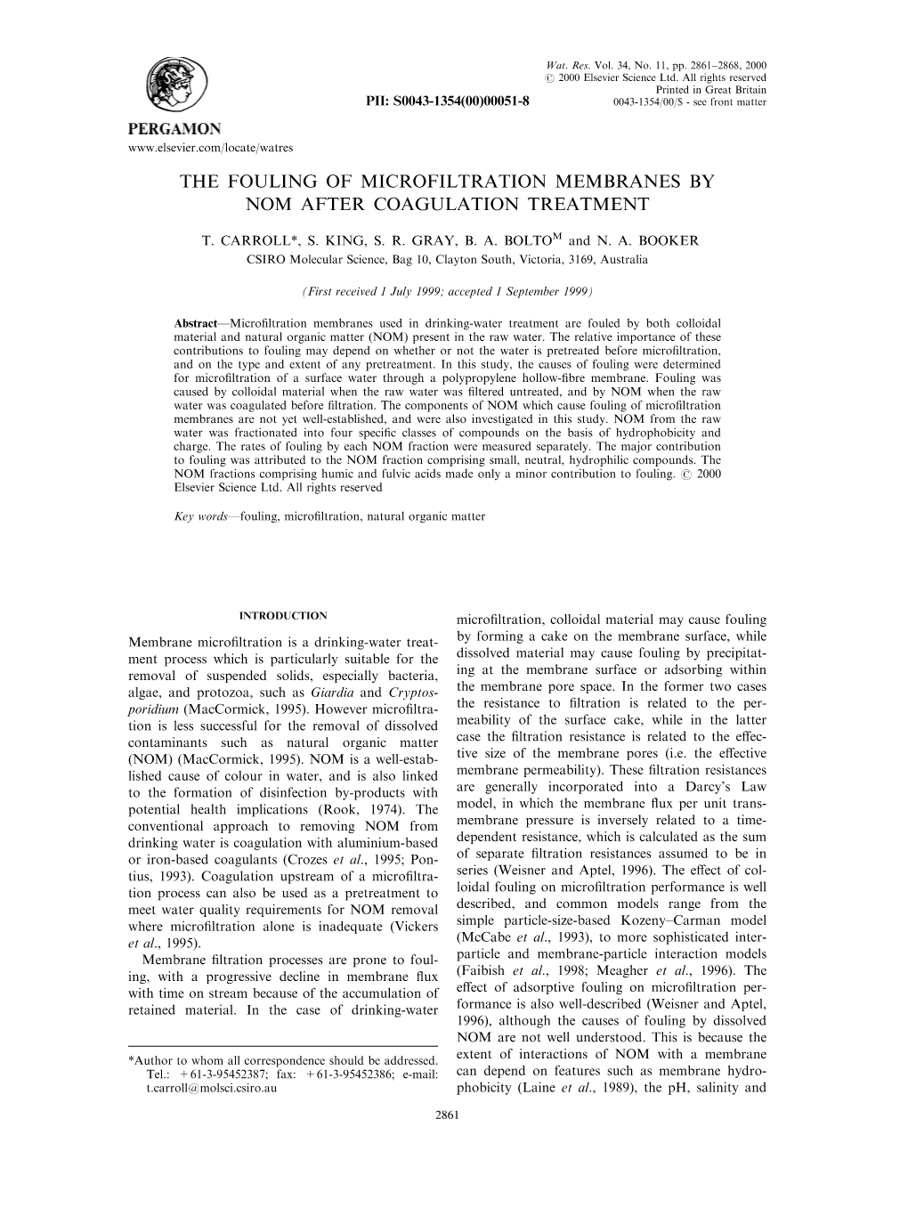 The Fouling of Microfiltration Membranes by Nom After Coagulation Treatment