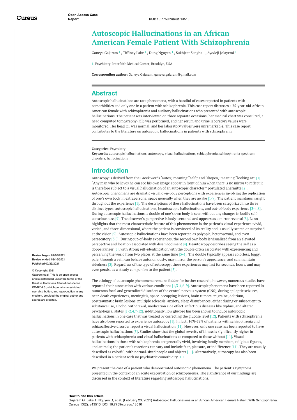 Autoscopic Hallucinations in an African American Female Patient with Schizophrenia