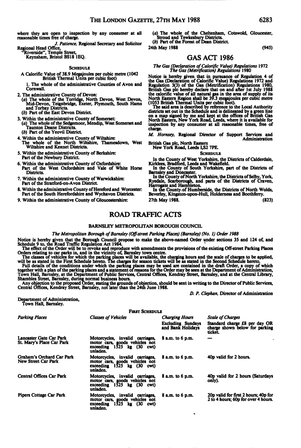 The London Gazette, 27Th May 1988 6283 Gas Act 1986