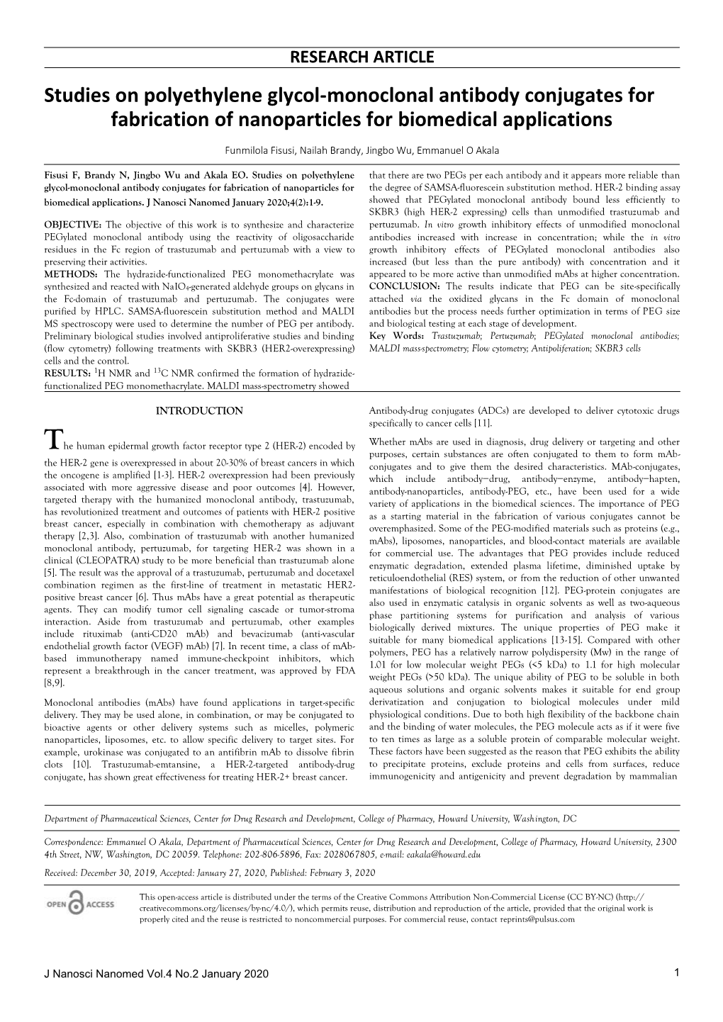 Studies on Polyethylene Glycol-Monoclonal Antibody Conjugates for Fabrication of Nanoparticles for Biomedical Applications