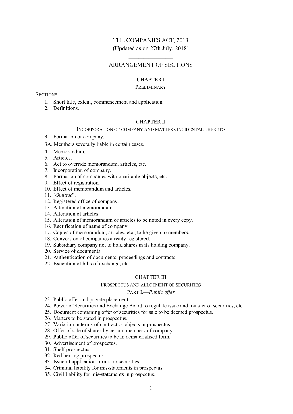 THE COMPANIES ACT, 2013 (Updated As on 27Th July, 2018) ______ARRANGEMENT of SECTIONS ______CHAPTER I PRELIMINARY SECTIONS 1