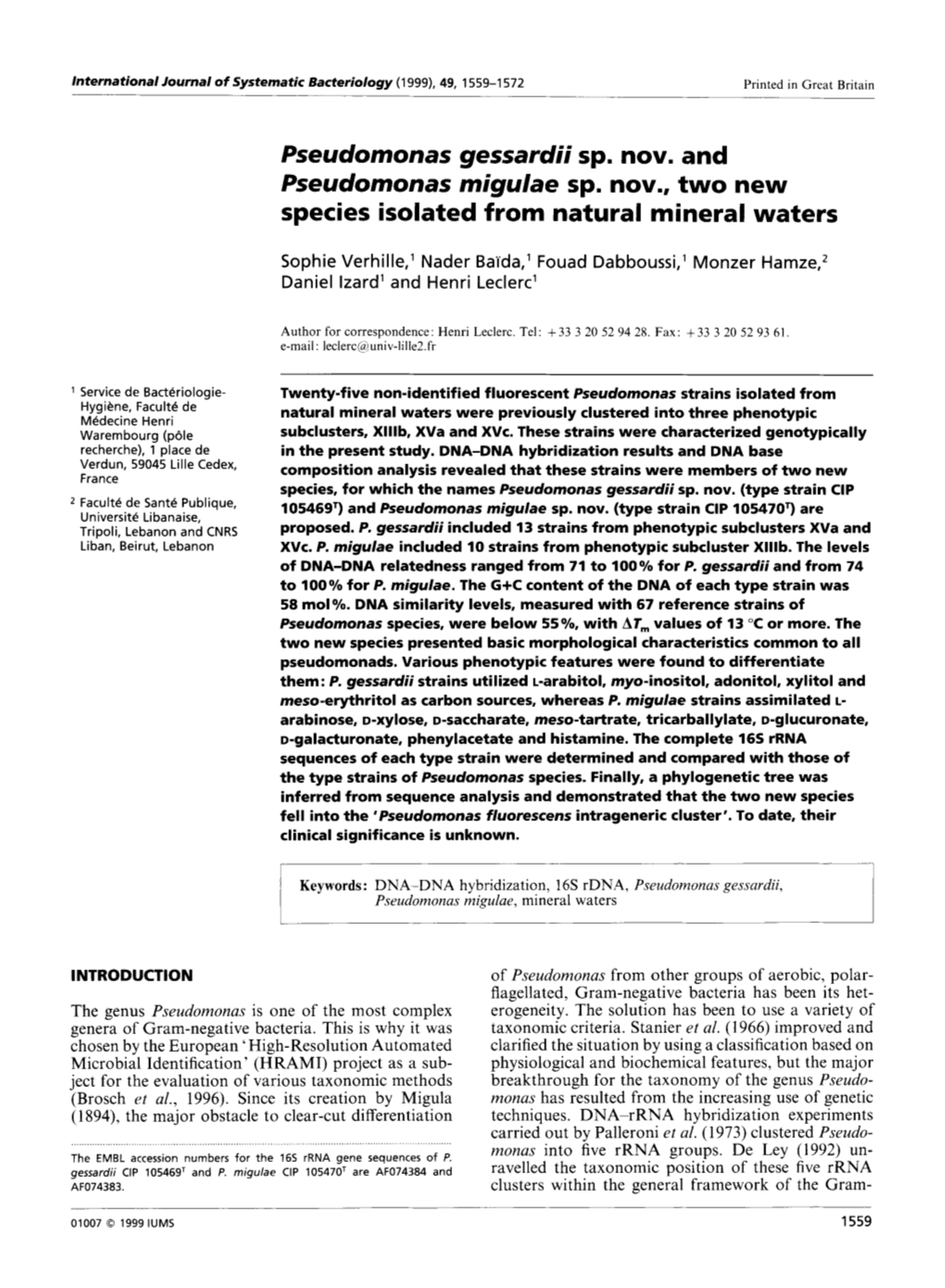 Pseudomonas Gessardii Sp. Nov. and Pseudornonas Migulae Sp. Nov., Two New Species Isolated from Natural Mineral Waters