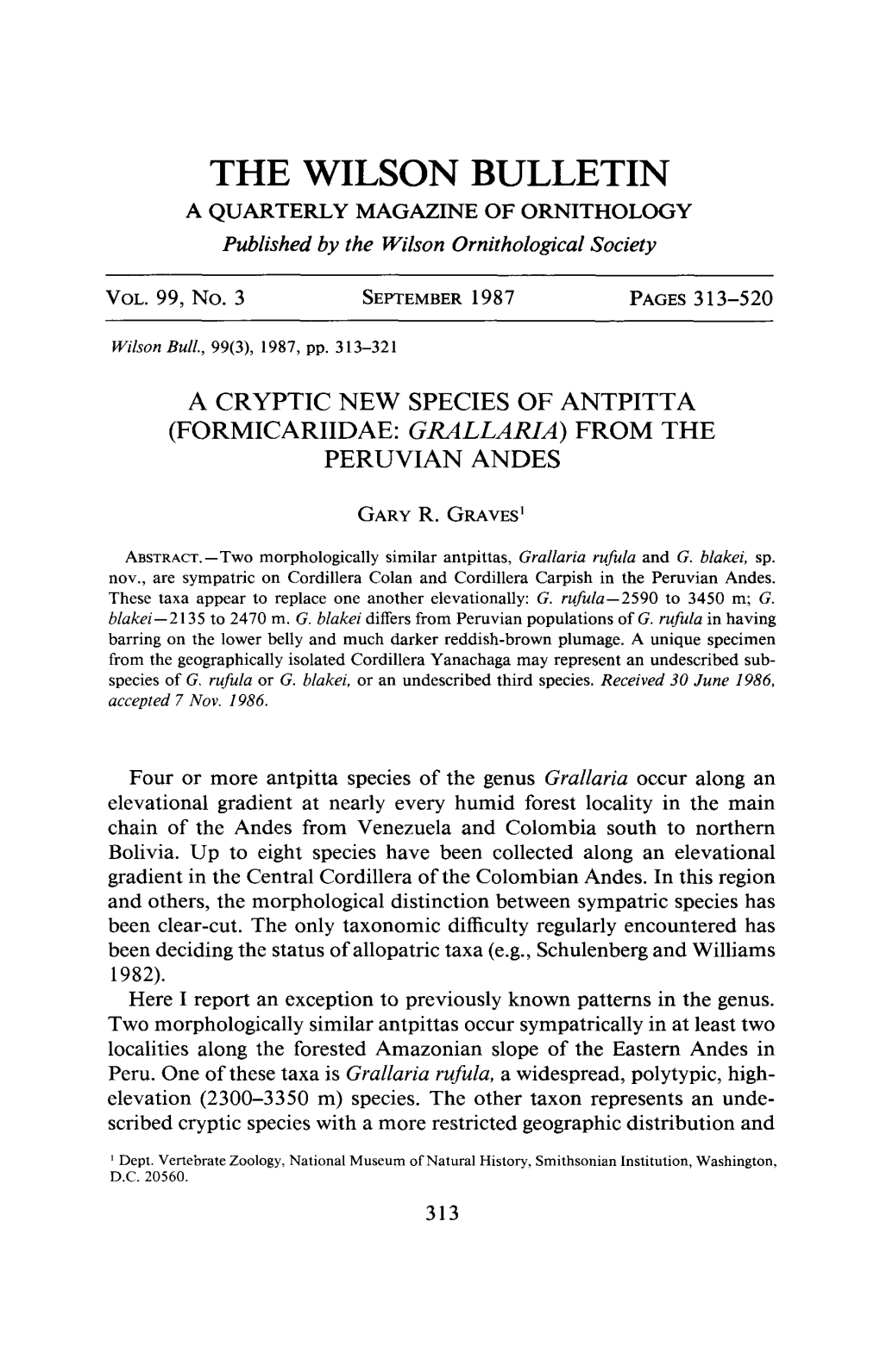 A Cryptic New Species of Antpitta (Formicariidae: Grallaria) from the Peruvian Andes