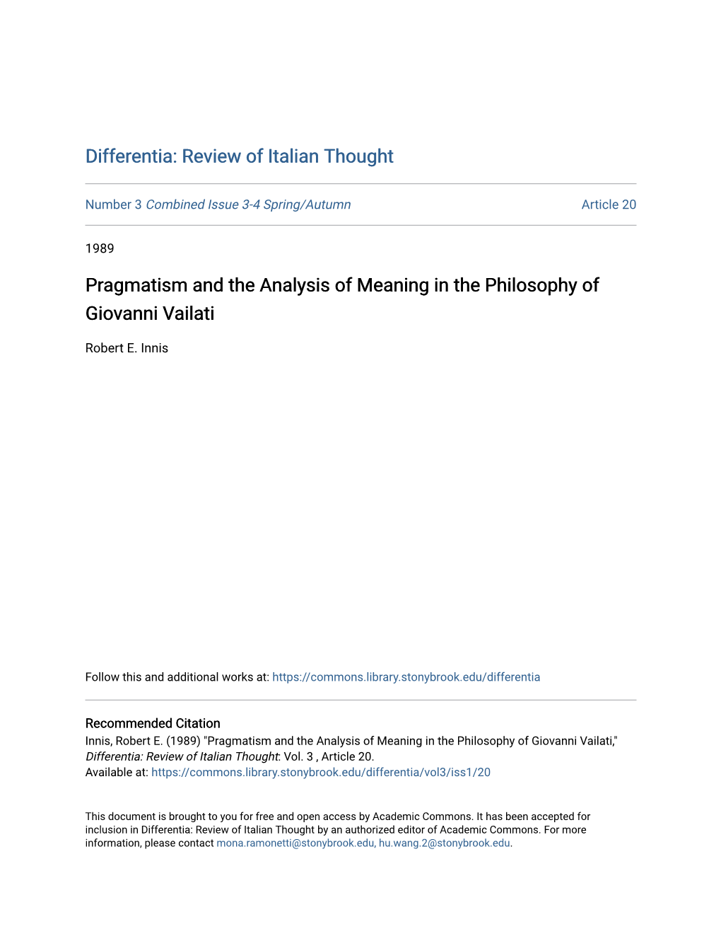 Pragmatism and the Analysis of Meaning in the Philosophy of Giovanni Vailati