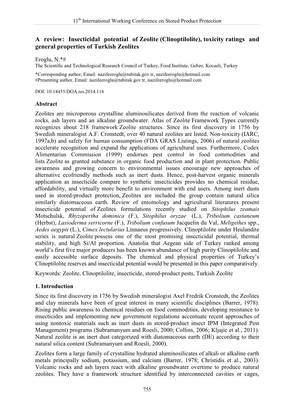 A Review: Insecticidal Potential of Zeolite (Clinoptilolite), Toxicity Ratings and General Properties of Turkish Zeolites