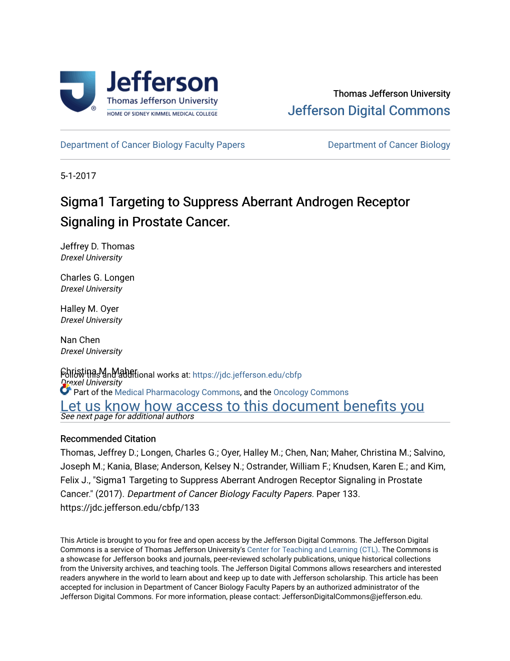 Sigma1 Targeting to Suppress Aberrant Androgen Receptor Signaling in Prostate Cancer