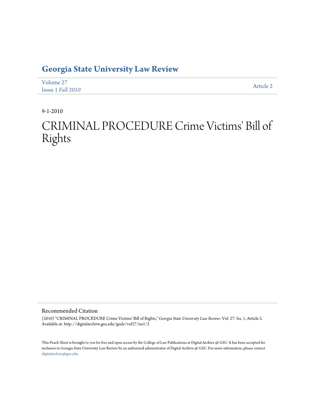 CRIMINAL PROCEDURE Crime Victims' Bill of Rights