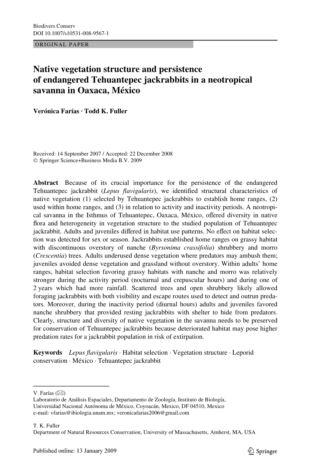 Native Vegetation Structure and Persistence of Endangered Tehuantepec Jackrabbits in a Neotropical Savanna in Oaxaca, México