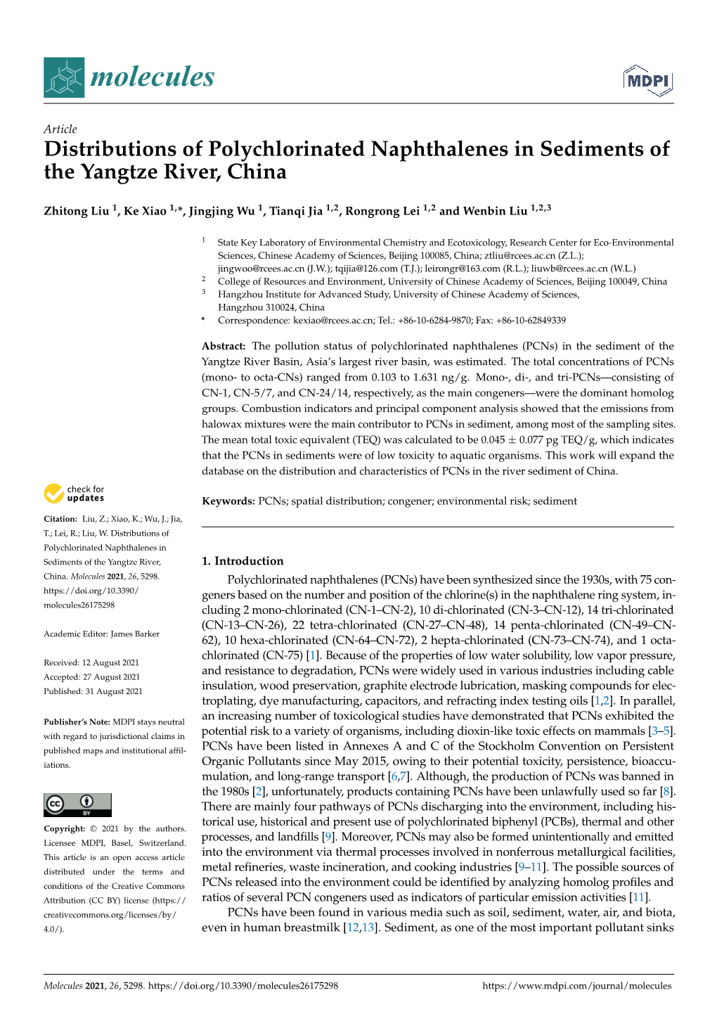 Article Distributions of Polychlorinated Naphthalenes in Sediments of the Yangtze River, China