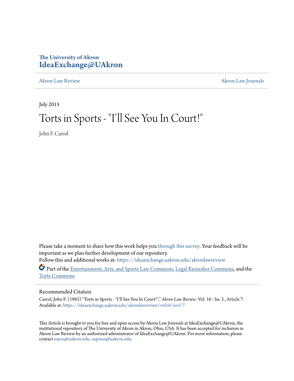 Torts in Sports - "I'll See You in Court!" John F