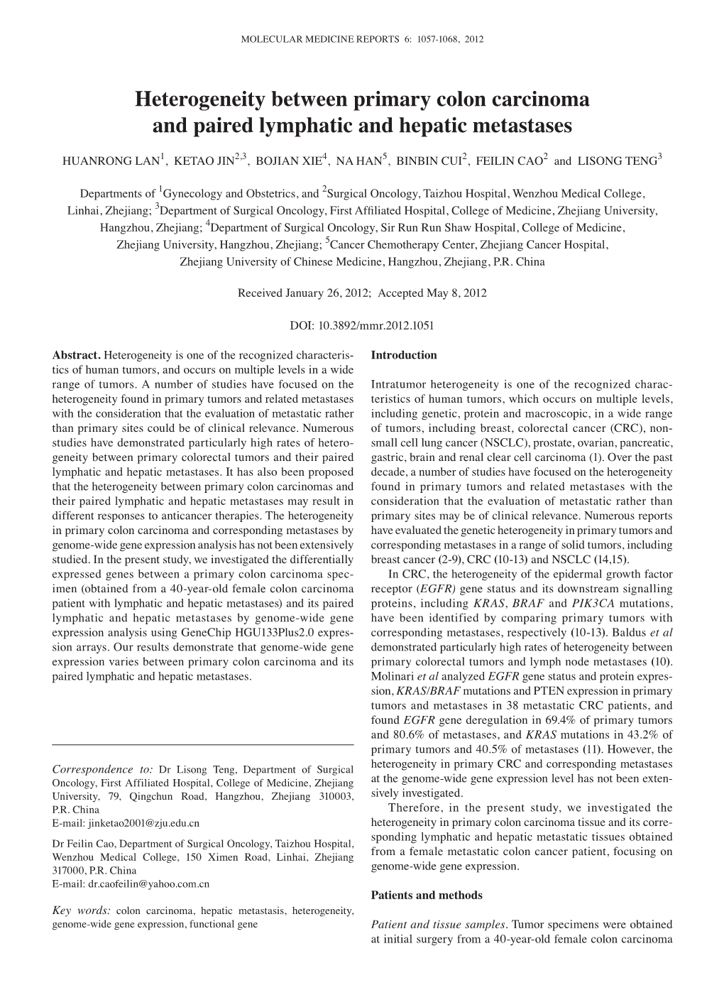 Heterogeneity Between Primary Colon Carcinoma and Paired Lymphatic and Hepatic Metastases