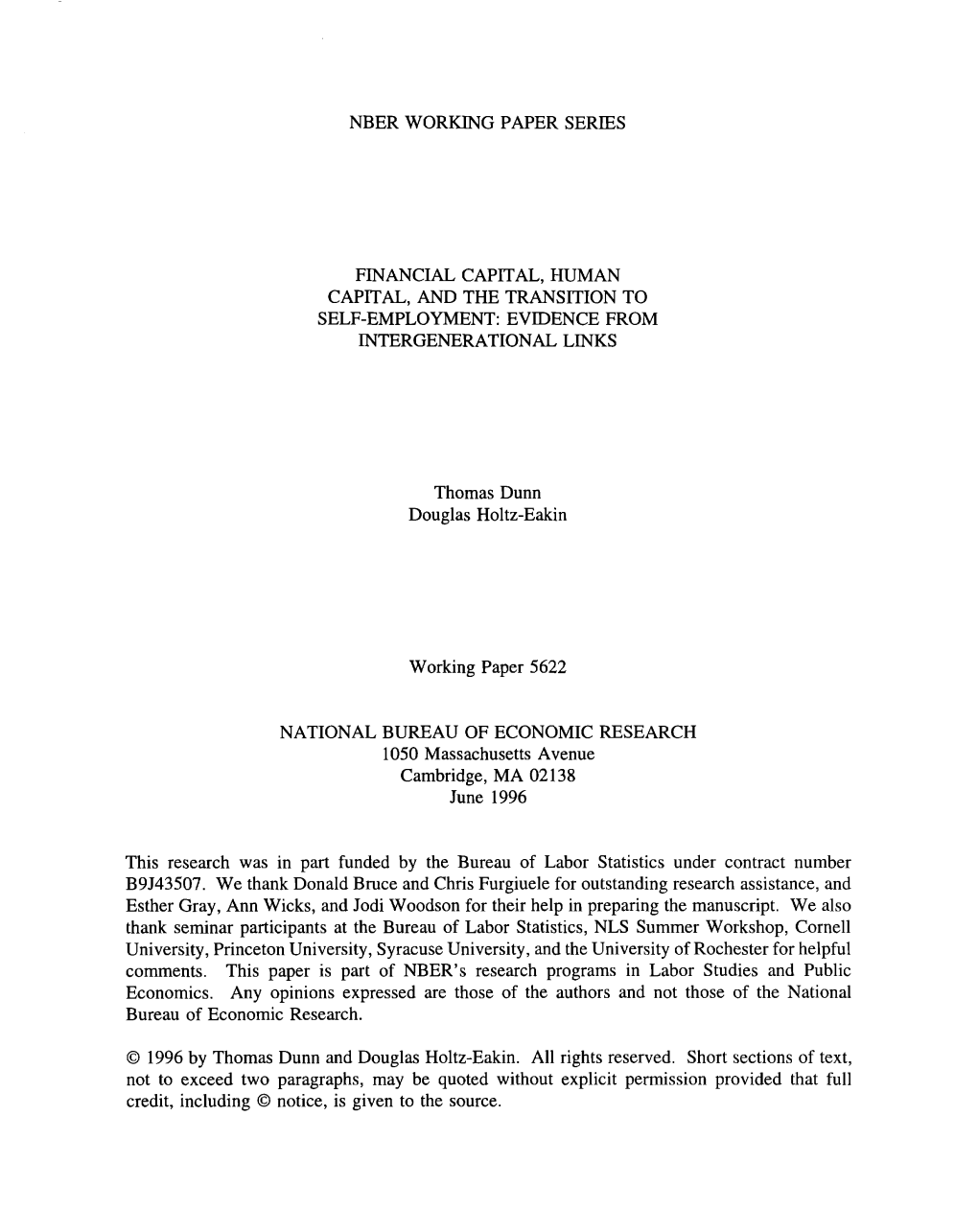 Financial Capital, Human Capital, and the Transition to Self-Employment: Evidence from In~Rgenerational Links