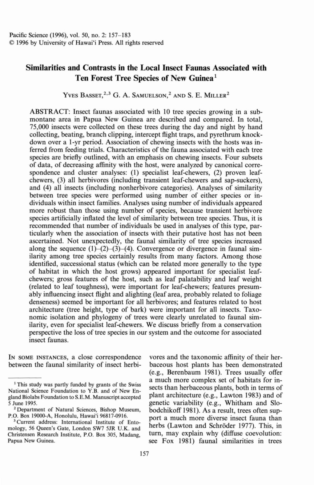 Similarities and Contrasts in the Local Insect Faunas Associated with Ten Forest Tree Species of New Guinea!