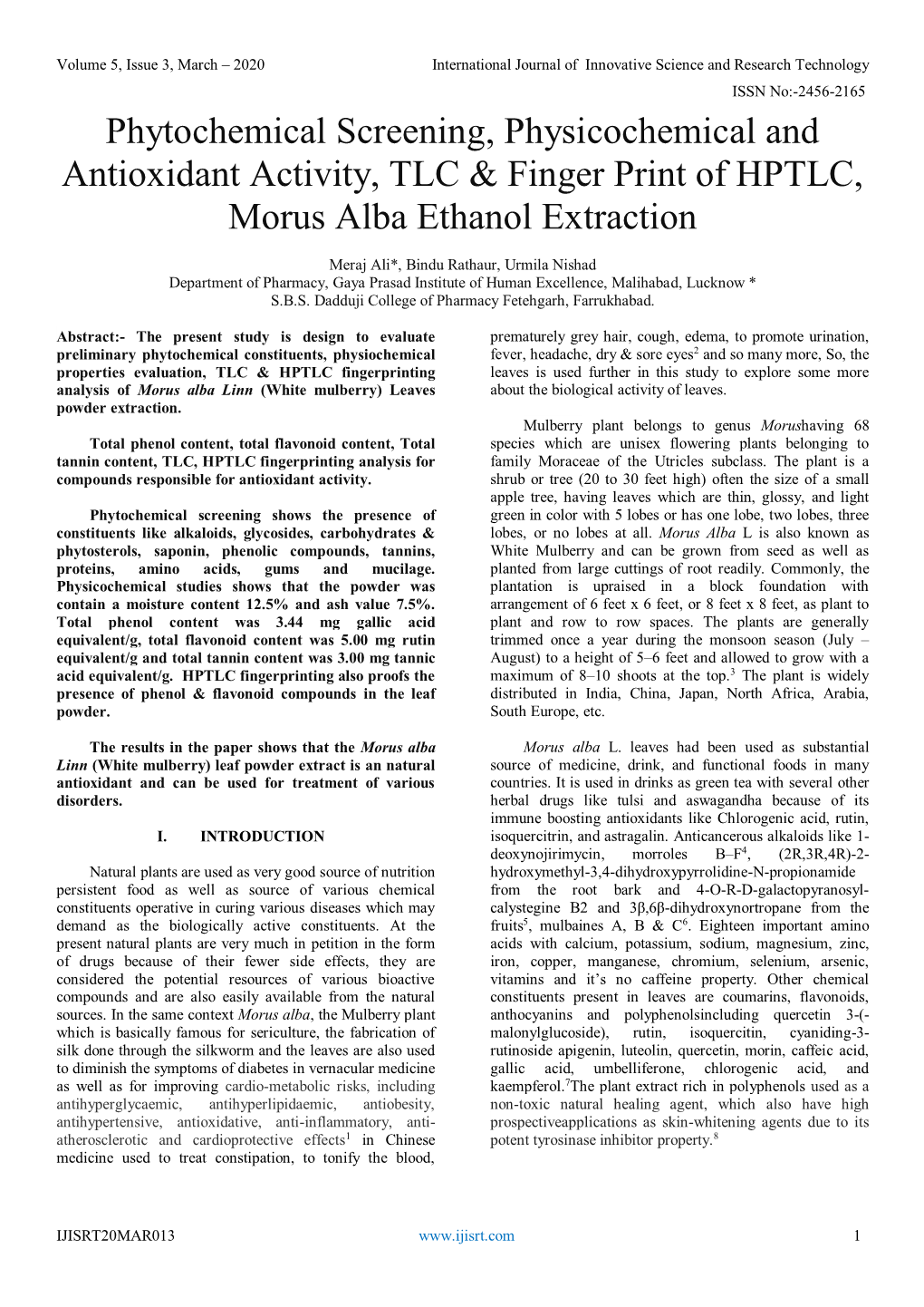 Phytochemical Screening, Physicochemical and Antioxidant Activity, TLC & Finger Print of HPTLC, Morus Alba Ethanol Extraction