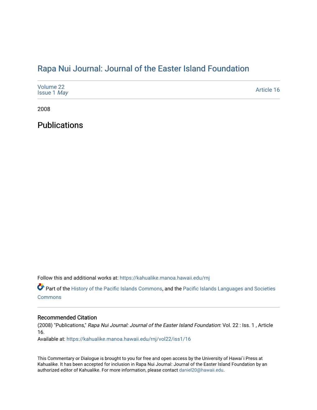 Rapa Nui Journal: Journal of the Easter Island Foundation Publications