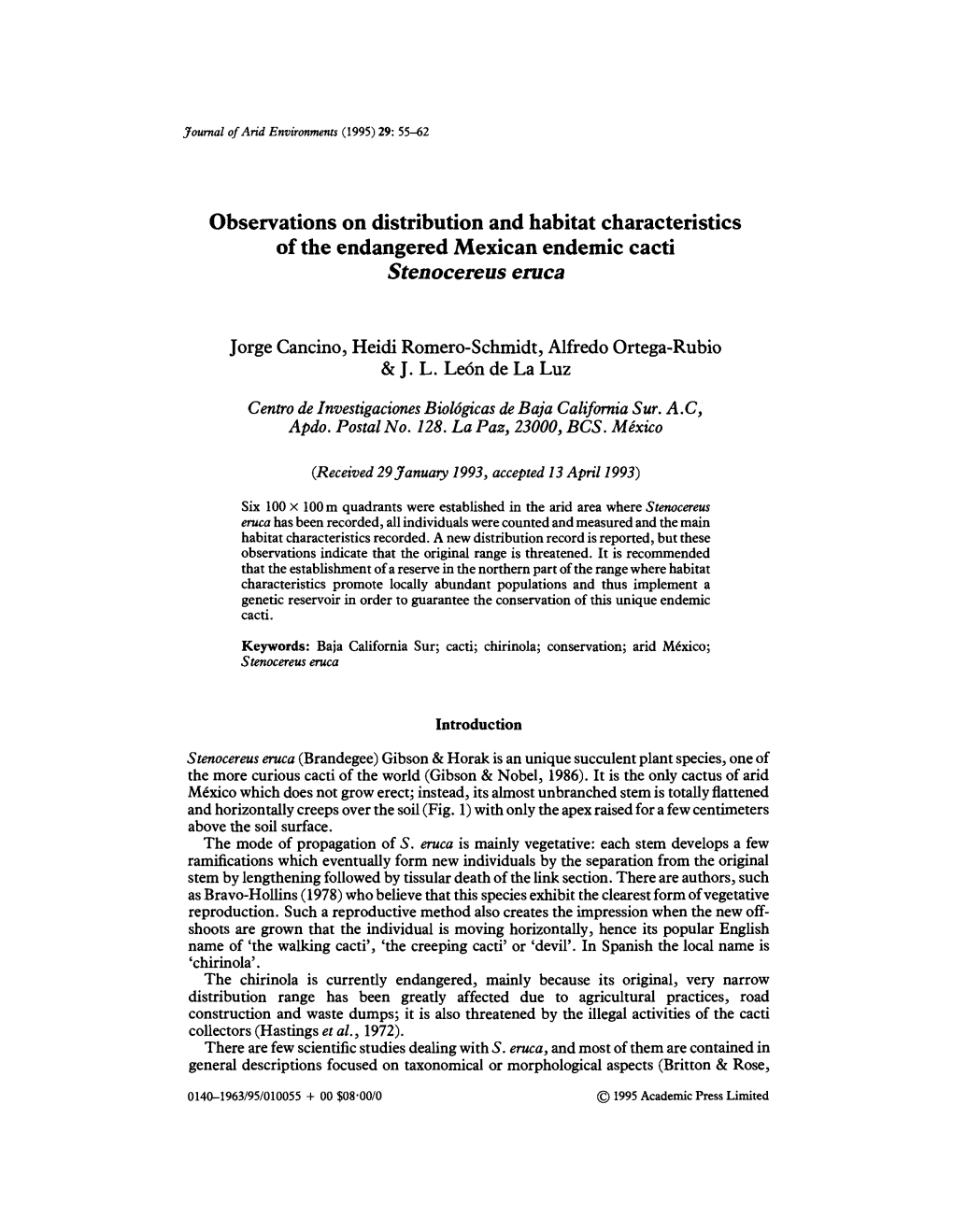 Observations on Distribution and Habitat Characteristics of the Endangered Mexican Endemic Cacti Stenocereus Emca