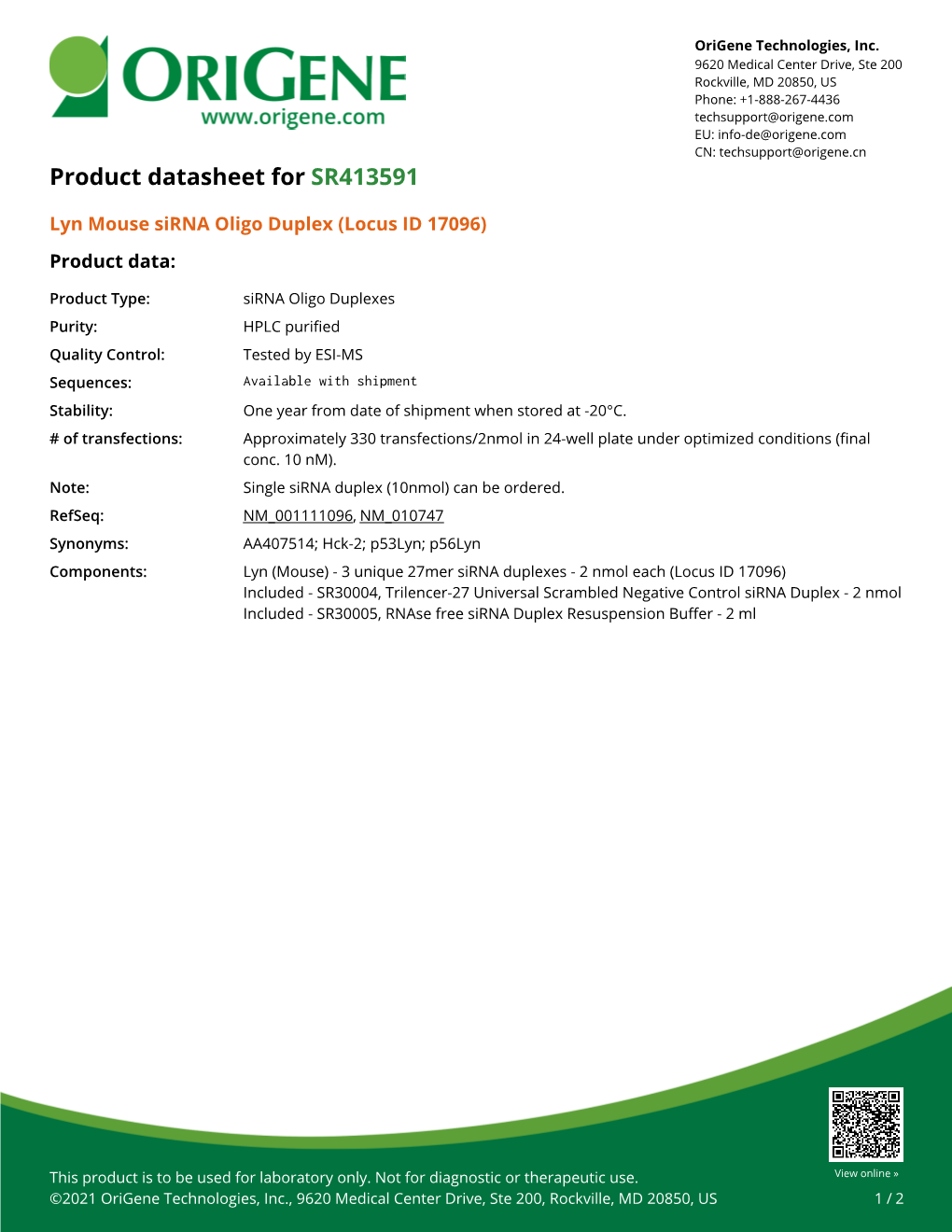 Lyn Mouse Sirna Oligo Duplex (Locus ID 17096) Product Data