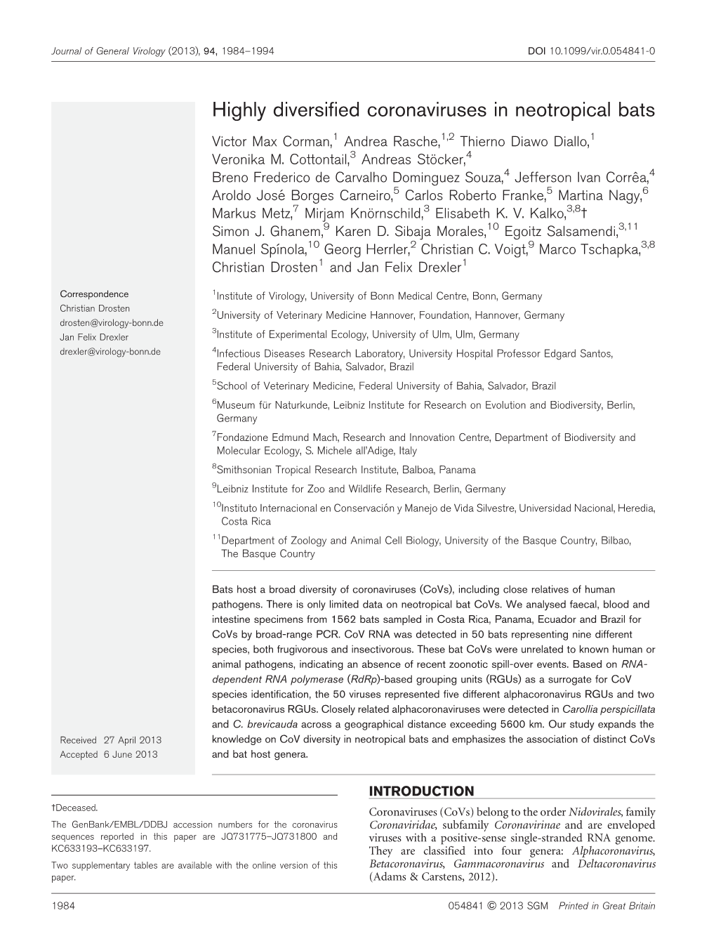 Highly Diversified Coronaviruses in Neotropical Bats