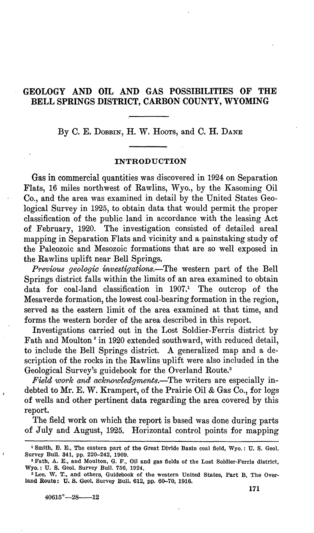 Geology and Oil and Gas Possibilities of the Bell Springs District, Carbon County, Wyoming