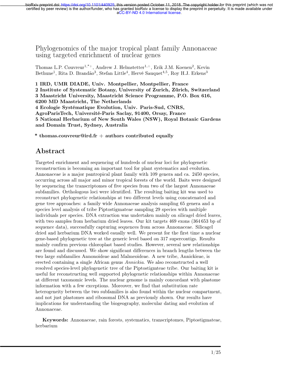 Phylogenomics of the Major Tropical Plant Family Annonaceae Using Targeted Enrichment of Nuclear Genes