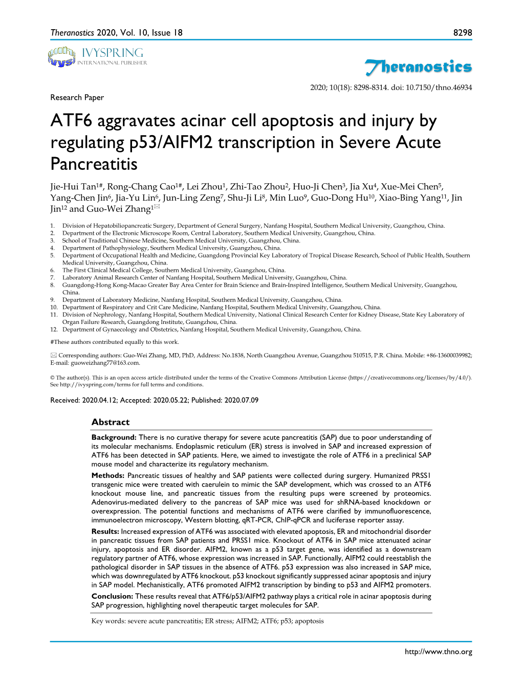 Theranostics ATF6 Aggravates Acinar Cell Apoptosis and Injury By