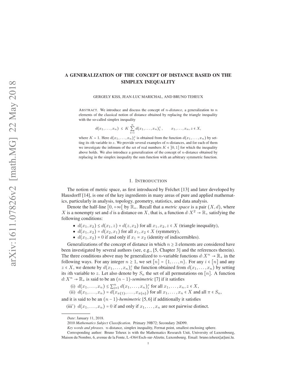 A Generalization of the Concept of Distance Based on the Simplex