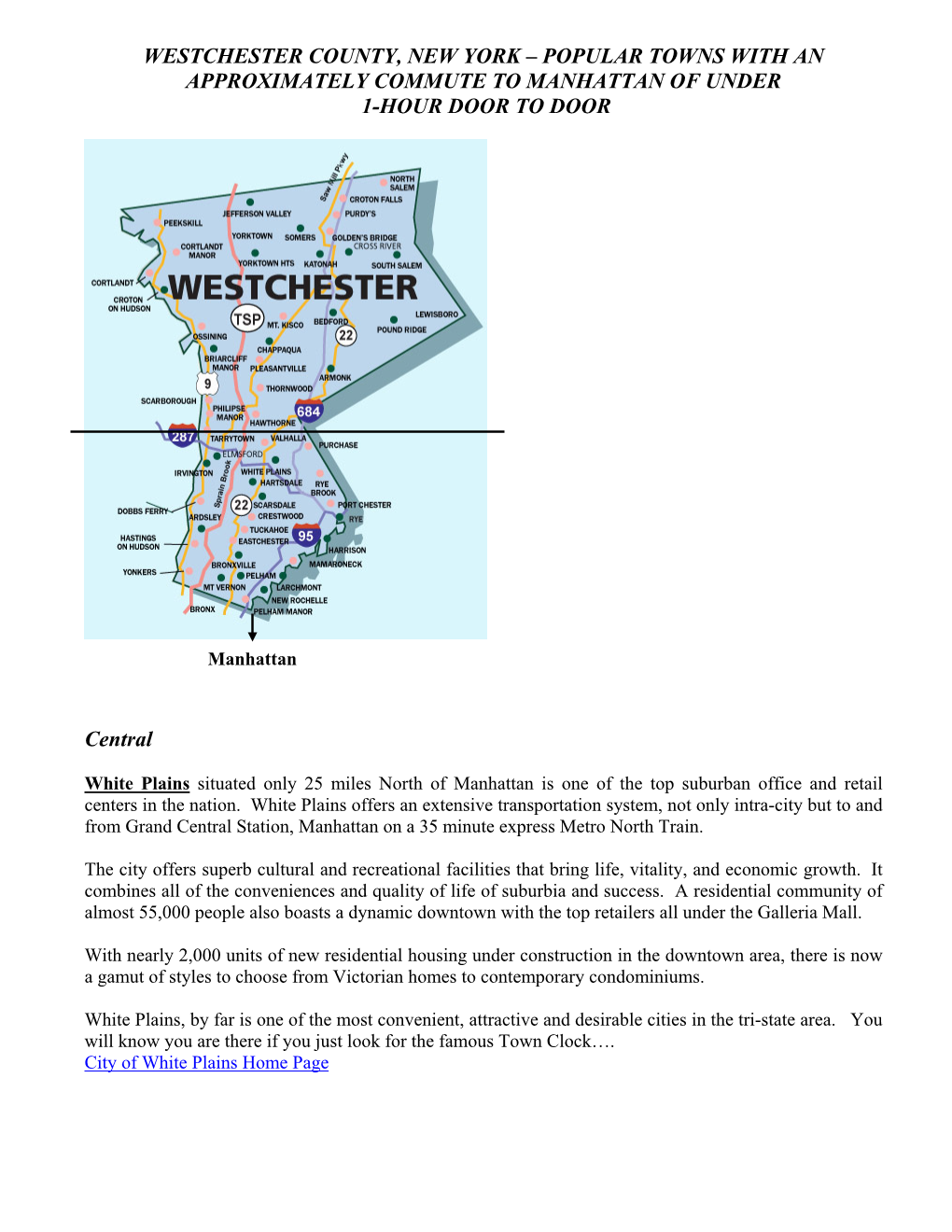 Westchester County, New York – Popular Towns with an Approximately Commute to Manhattan of Under 1-Hour Door to Door