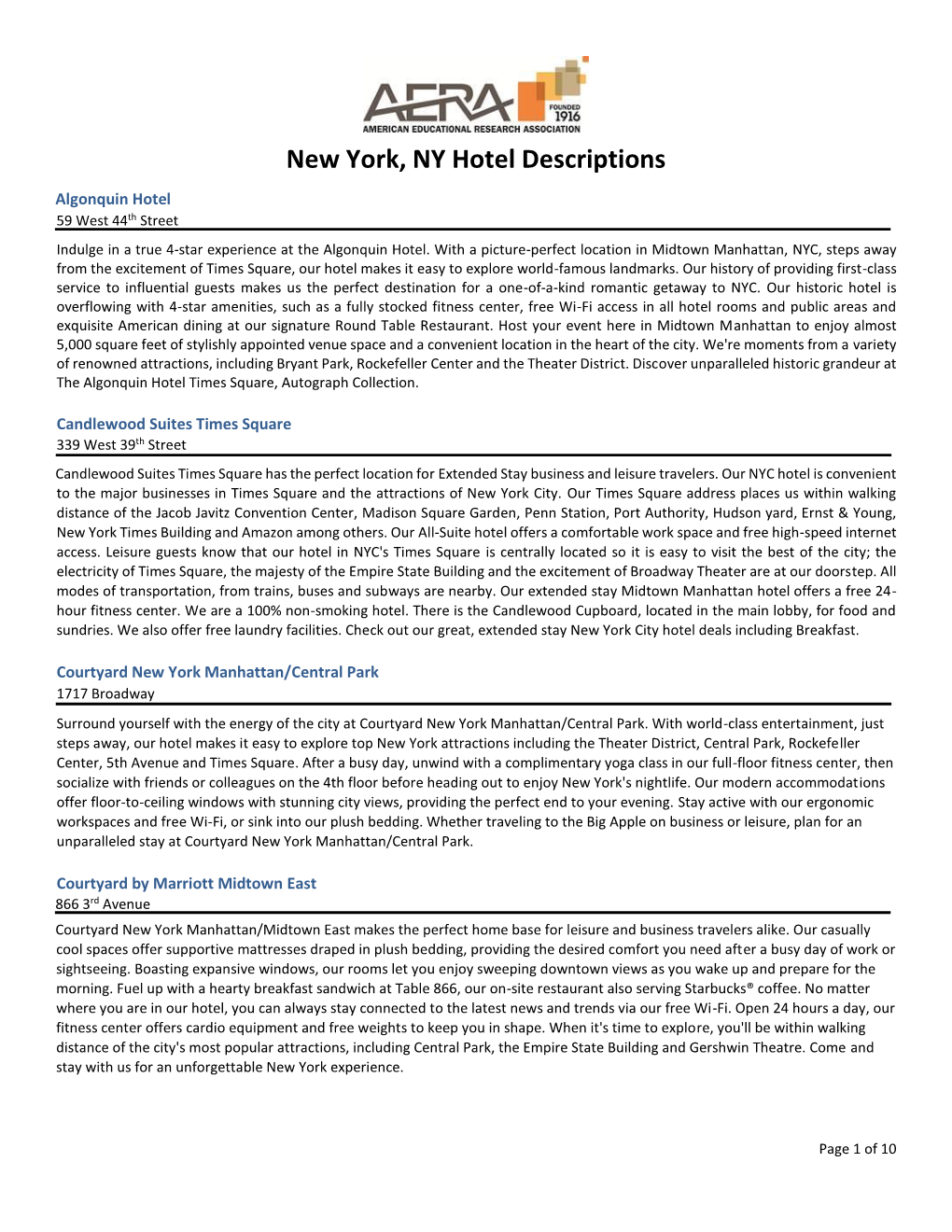 New York, NY Hotel Descriptions