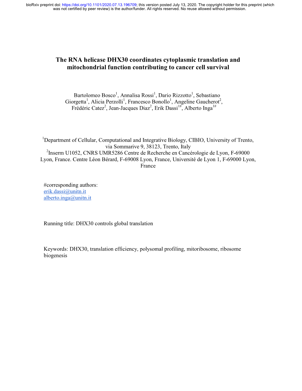 The RNA Helicase DHX30 Coordinates Cytoplasmic Translation and Mitochondrial Function Contributing to Cancer Cell Survival