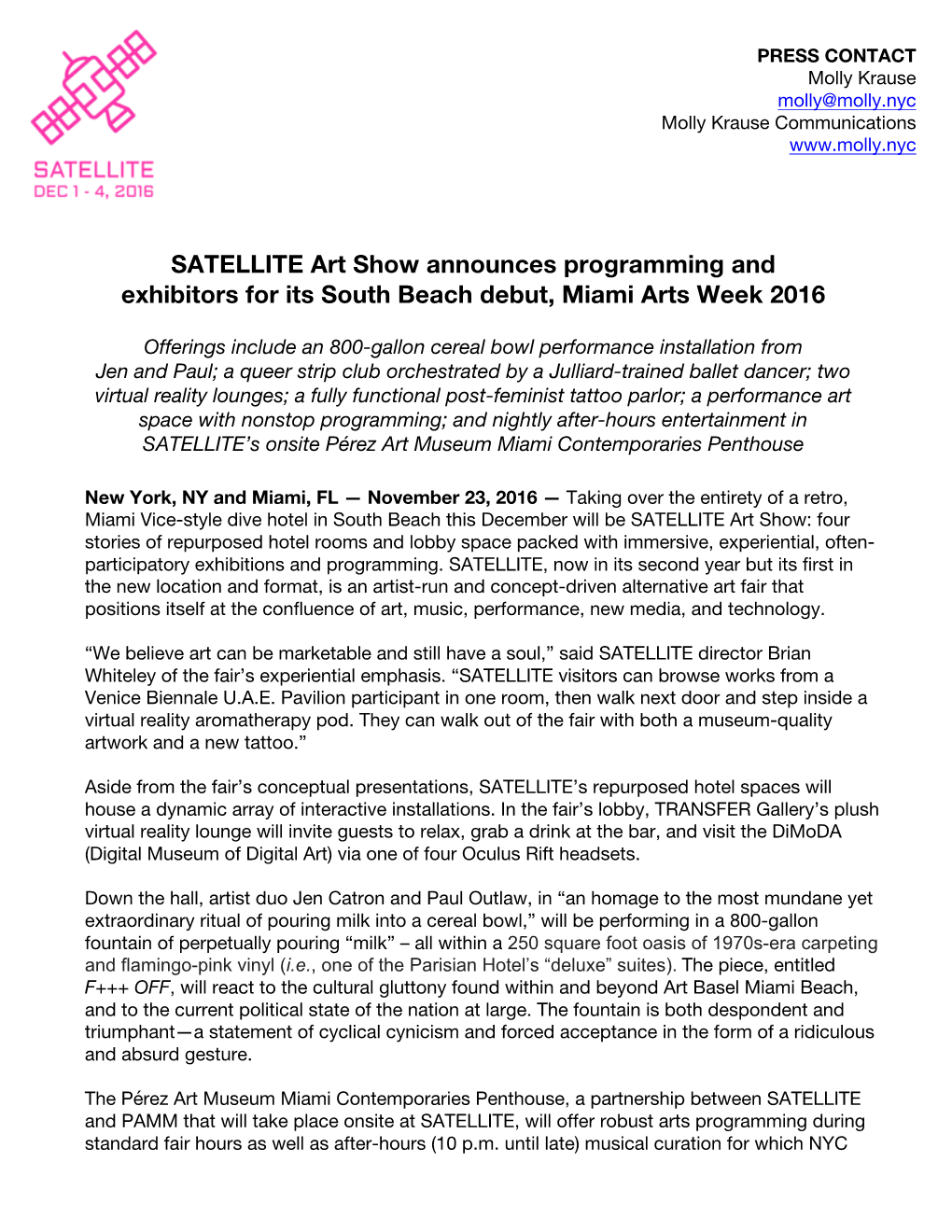 SATELLITE Art Show Announces Programming and Exhibitors for Its South Beach Debut, Miami Arts Week 2016