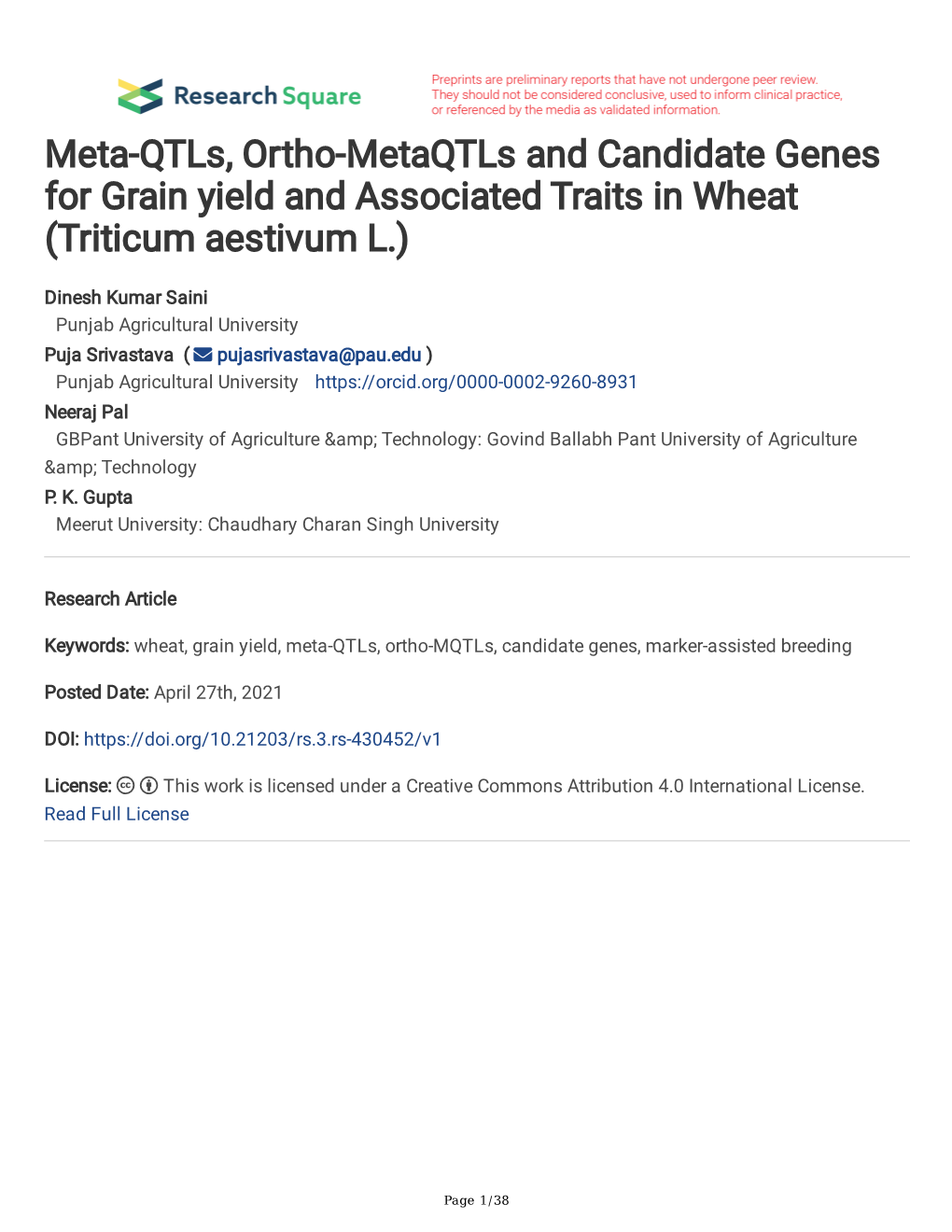 Meta-Qtls, Ortho-Metaqtls and Candidate Genes for Grain Yield and Associated Traits in Wheat (Triticum Aestivum L.)