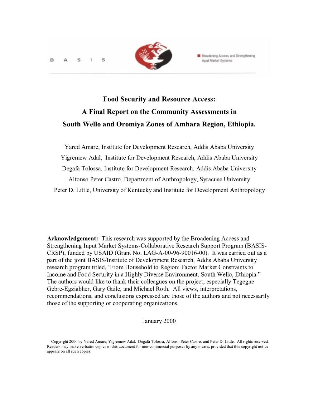 Food Security and Resource Access: a Final Report on the Community Assessments in South Wello and Oromiya Zones of Amhara Region, Ethiopia