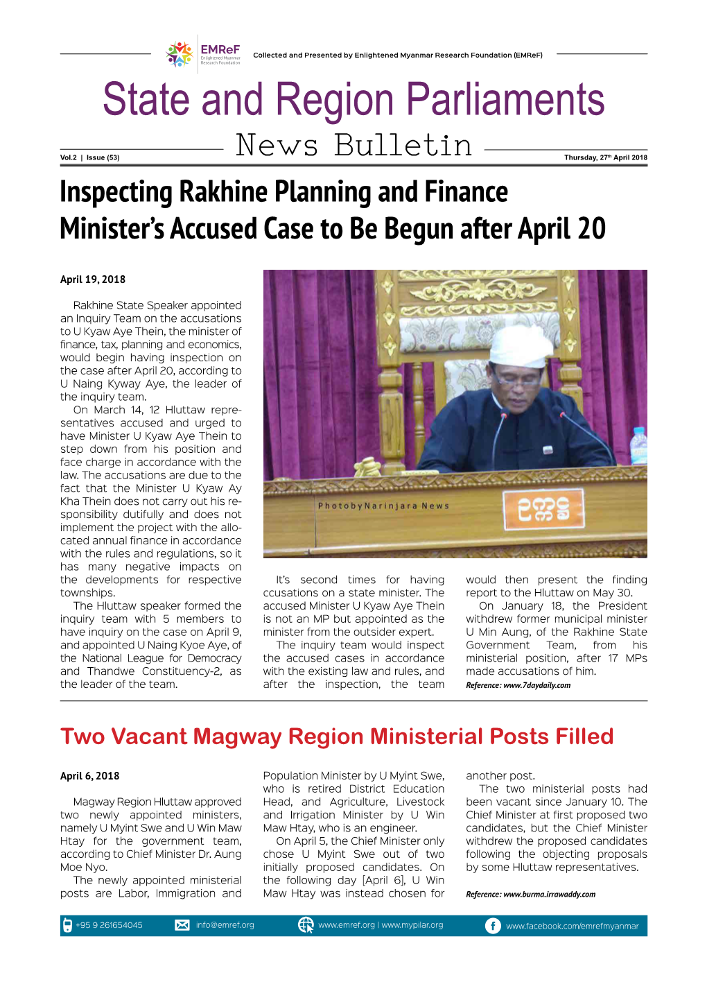 State and Region Parliaments News Bulletin Issue Vol (2), Issue - 53 State Hluttaw Cut Over 6 Billion of Rakhine Gov’T’S Budget