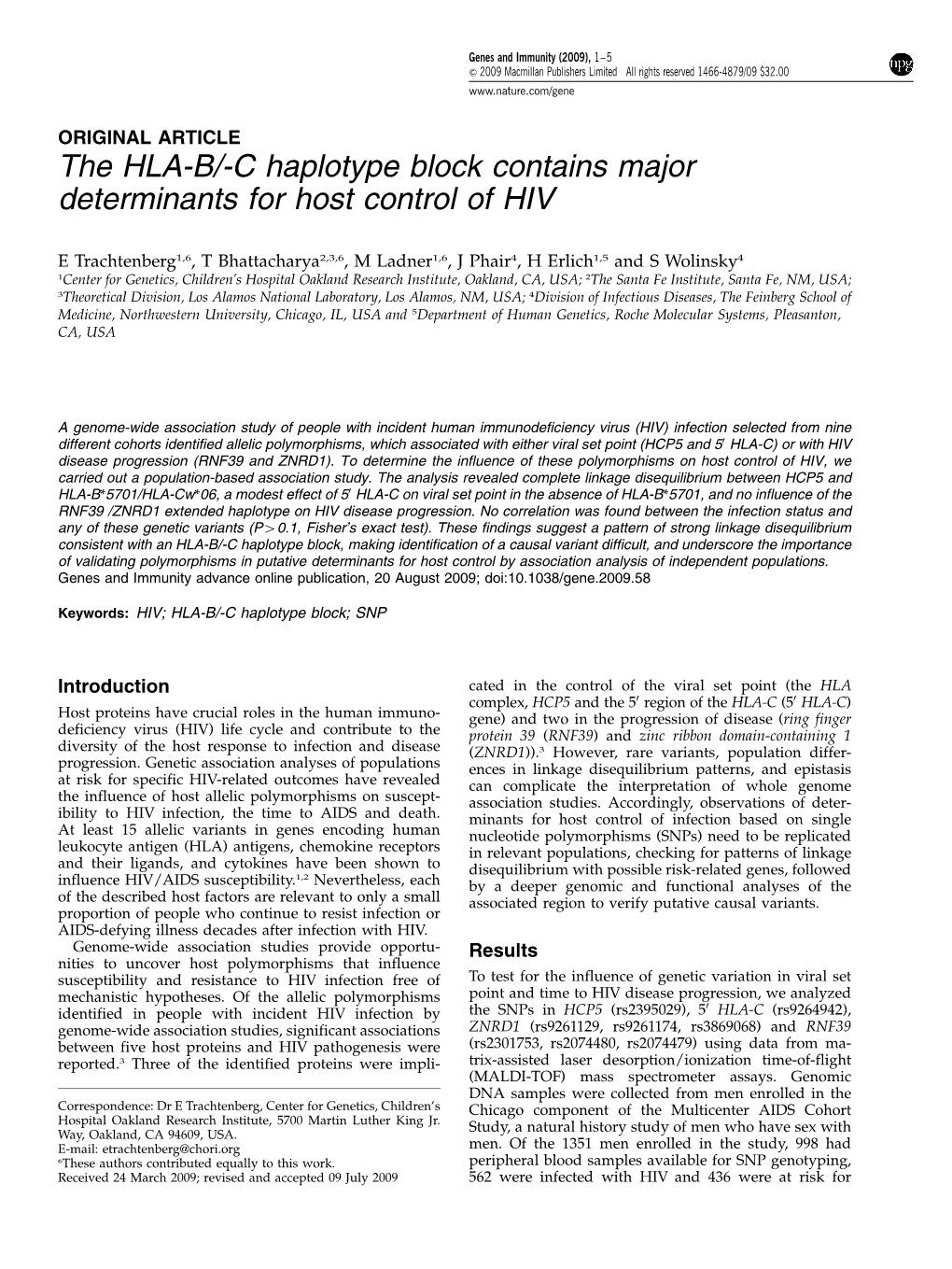 C Haplotype Block Contains Major Determinants for Host Control of HIV