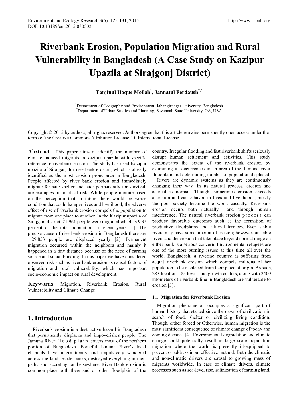 Riverbank Erosion, Population Migration and Rural Vulnerability in Bangladesh (A Case Study on Kazipur Upazila at Sirajgonj District)