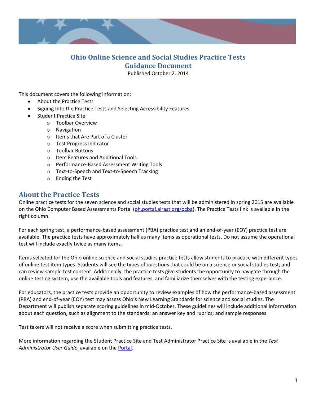 Ohio Online Science and Social Studies Practice Tests Guidance Document Published October 2, 2014