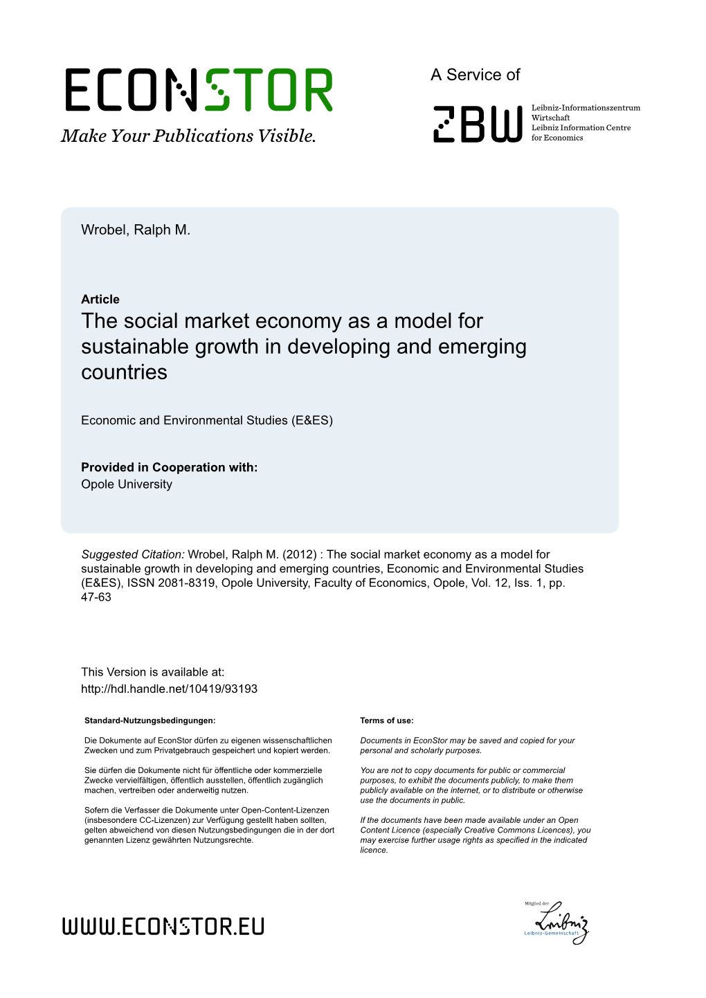 The Social Market Economy As a Model for Sustainable Growth in Developing and Emerging Countries