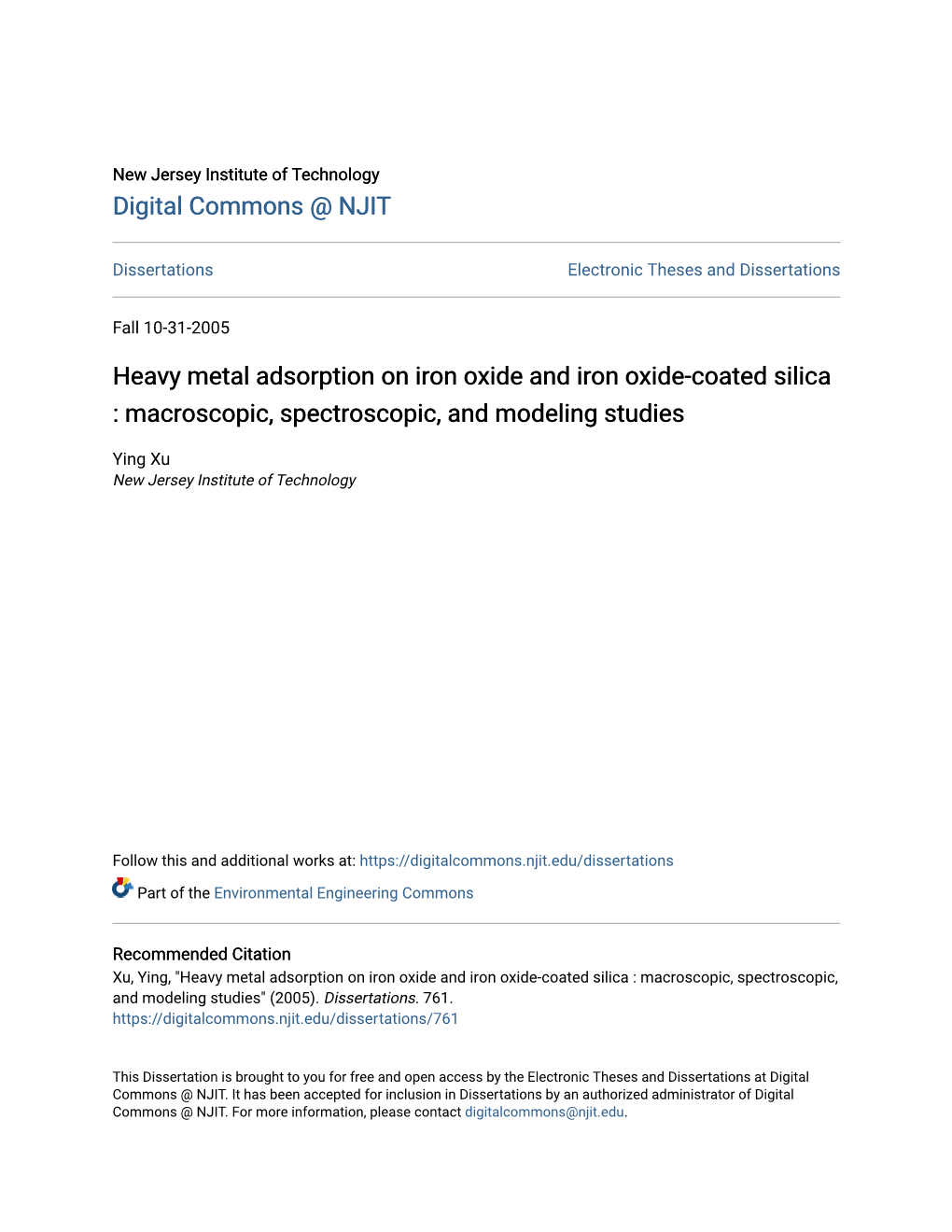 Heavy Metal Adsorption on Iron Oxide and Iron Oxide-Coated Silica : Macroscopic, Spectroscopic, and Modeling Studies