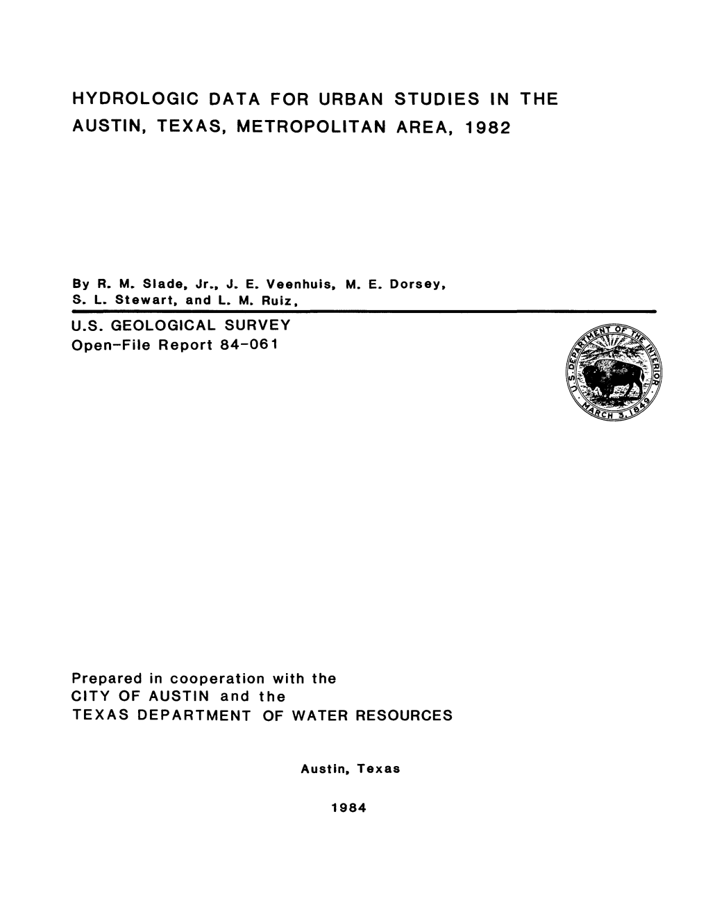 Hydrologic Data for Urban Studies in the Austin, Texas, Metropolitan Area, 1982