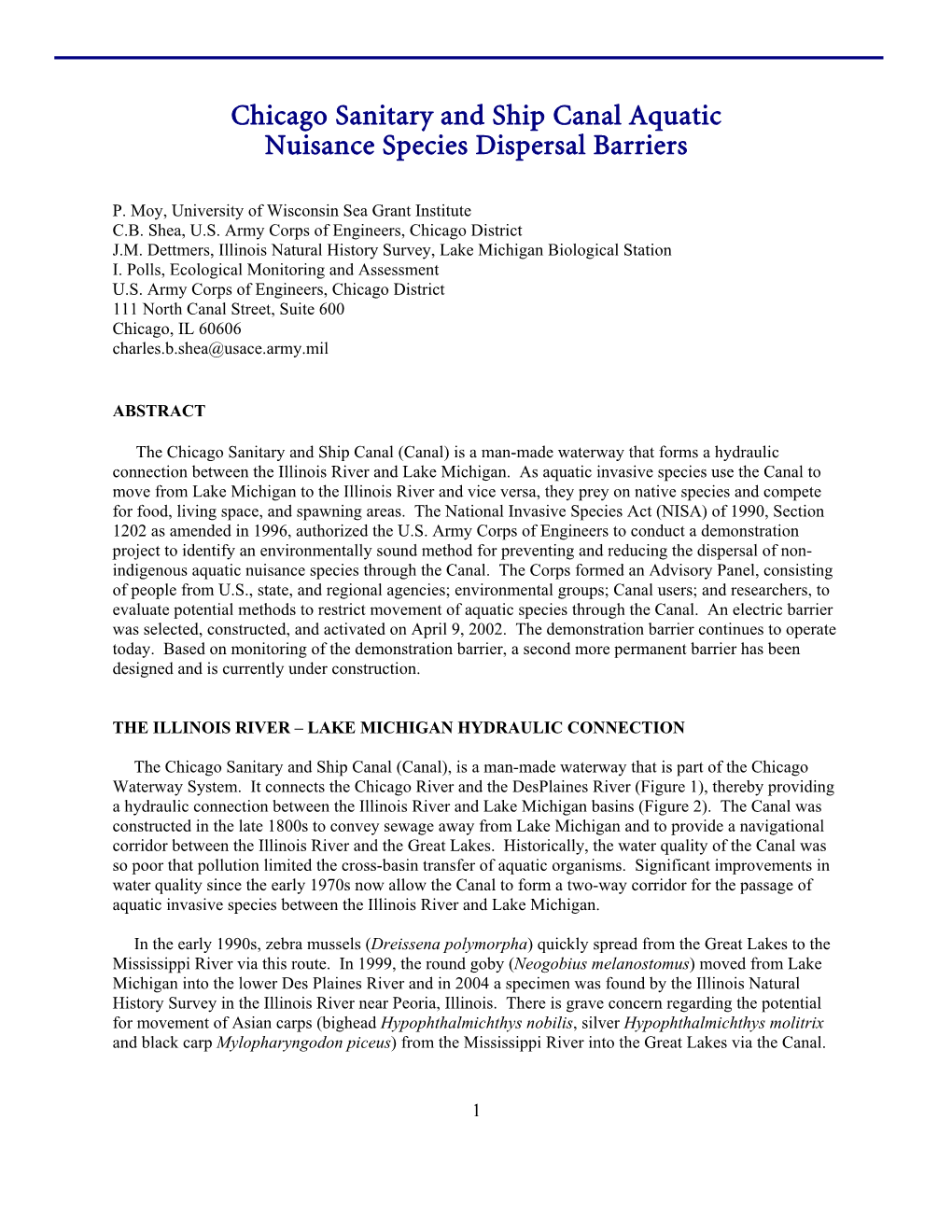 Chicago Sanitary and Ship Canal Aquatic Nuisance Species Dispersal Barriers