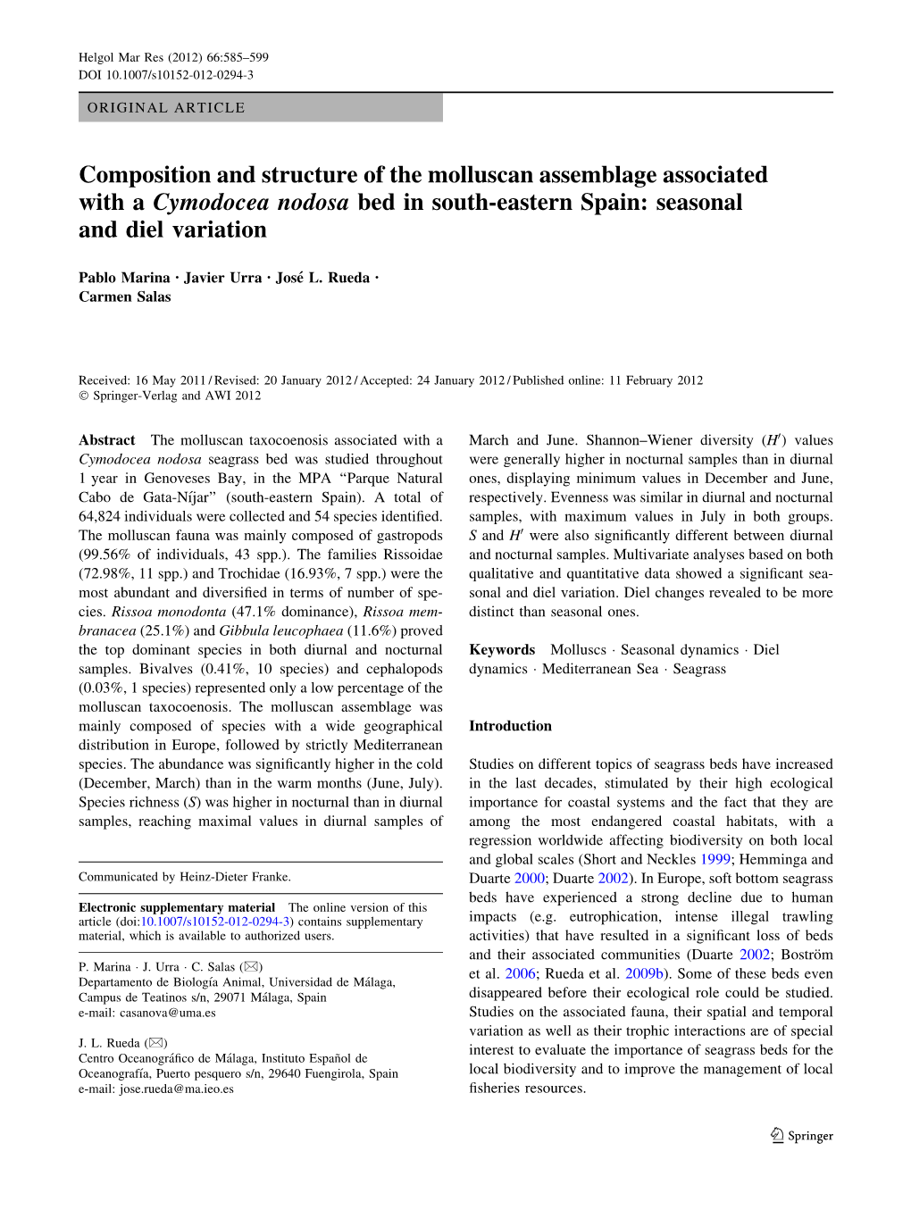 Composition and Structure of the Molluscan Assemblage Associated with a Cymodocea Nodosa Bed in South-Eastern Spain: Seasonal and Diel Variation