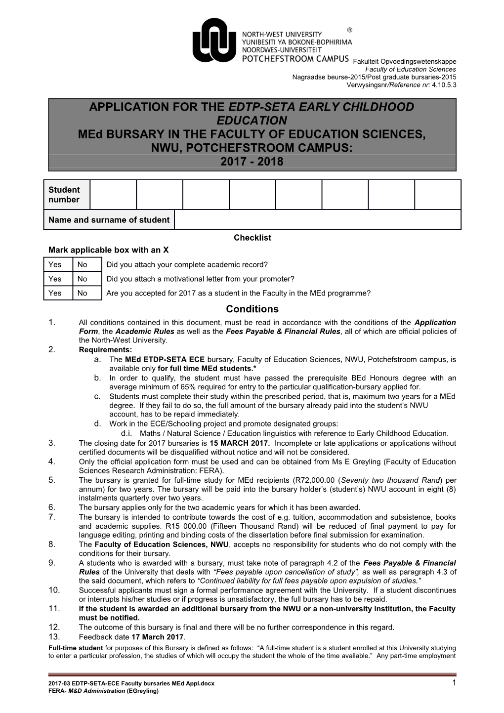 Application for a Post Graduate Nwu Bursary: 2008