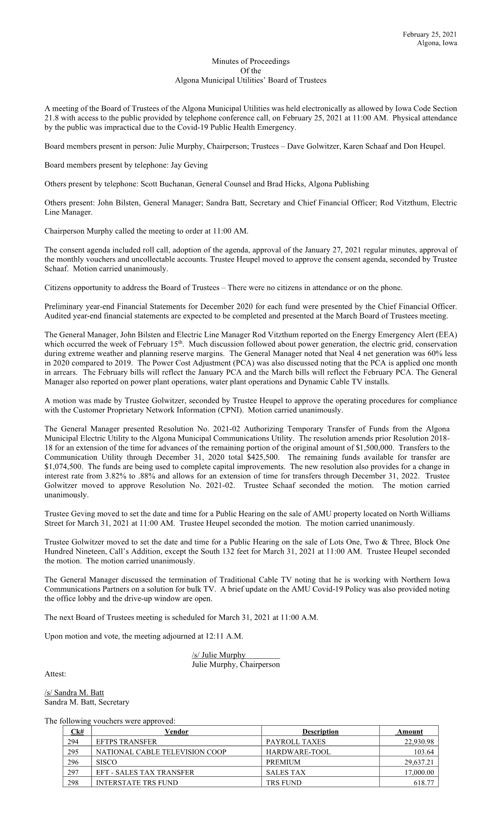 Minutes of Proceedings of the Algona Municipal Utilities’ Board of Trustees