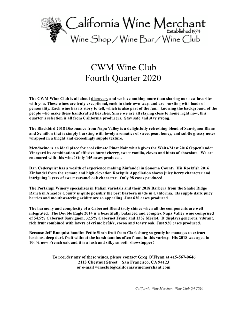 CWM Wine Club Fourth Quarter 2020